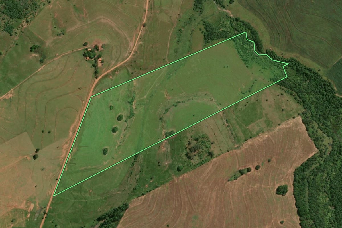 Imagem de satélite do imóvel rural em Rancharia (SP), com o contorno declarado no CAR desenhado por cima.