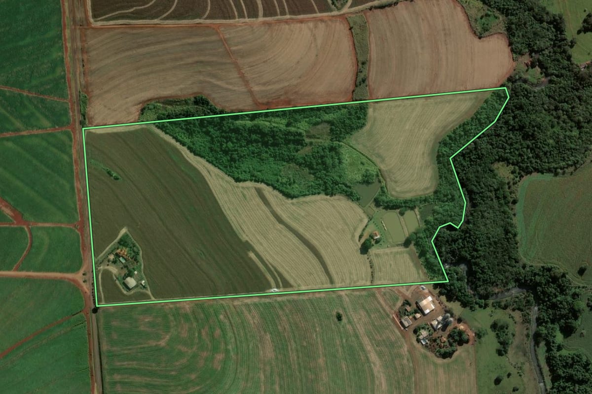 Imagem de satélite do imóvel rural em Rancharia (SP), com o contorno declarado no CAR desenhado por cima.