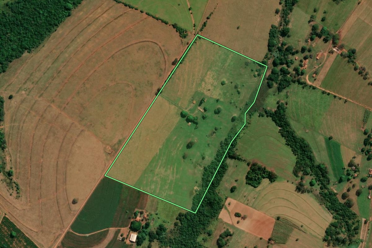Imagem de satélite do imóvel rural em Regente Feijó (SP), com o contorno declarado no CAR desenhado por cima.