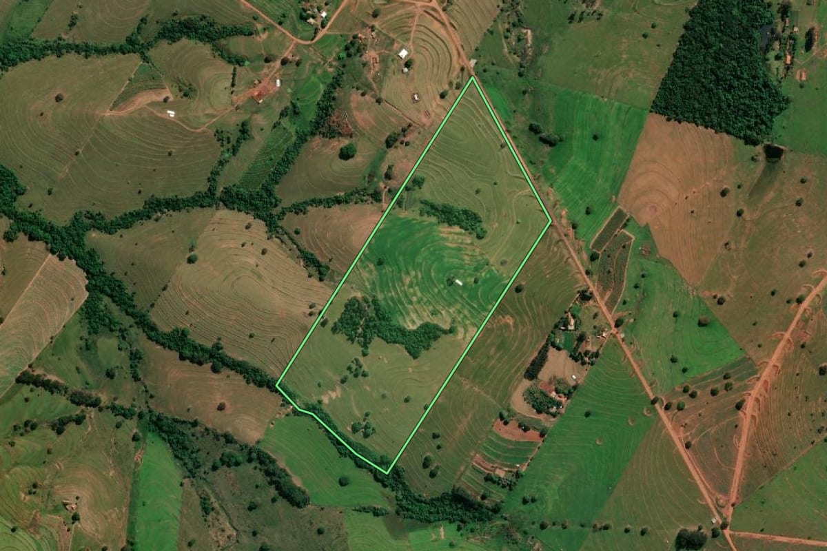 Imagem de satélite do imóvel rural em Regente Feijó (SP), com o contorno declarado no CAR desenhado por cima.