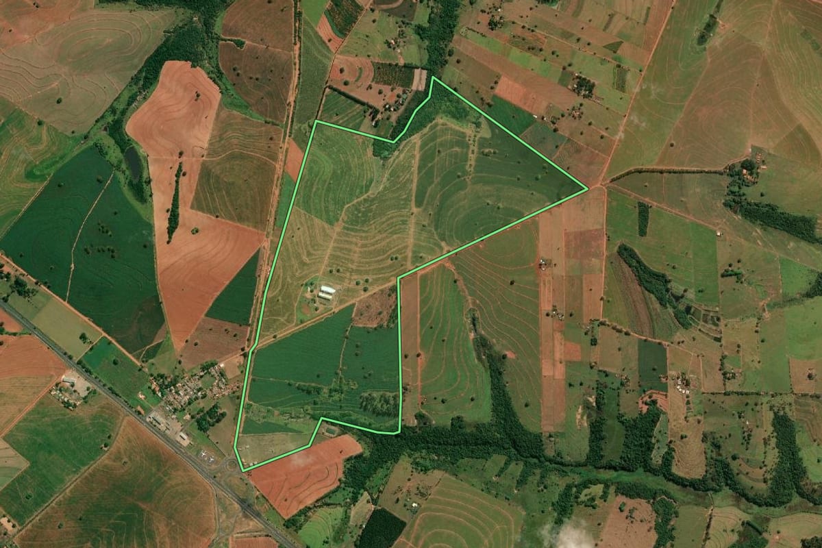 Imagem de satélite do imóvel rural em Regente Feijó (SP), com o contorno declarado no CAR desenhado por cima.