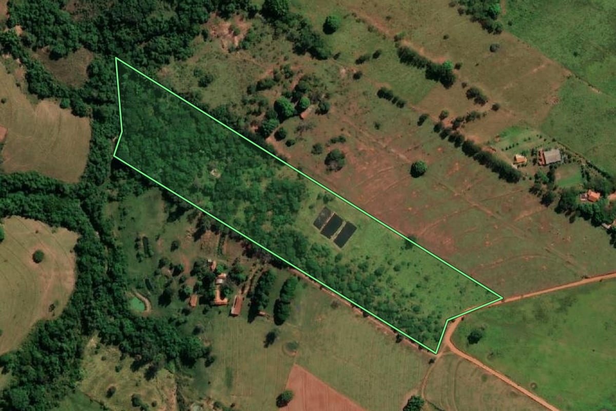 Imagem de satélite do imóvel rural em Regente Feijó (SP), com o contorno declarado no CAR desenhado por cima.