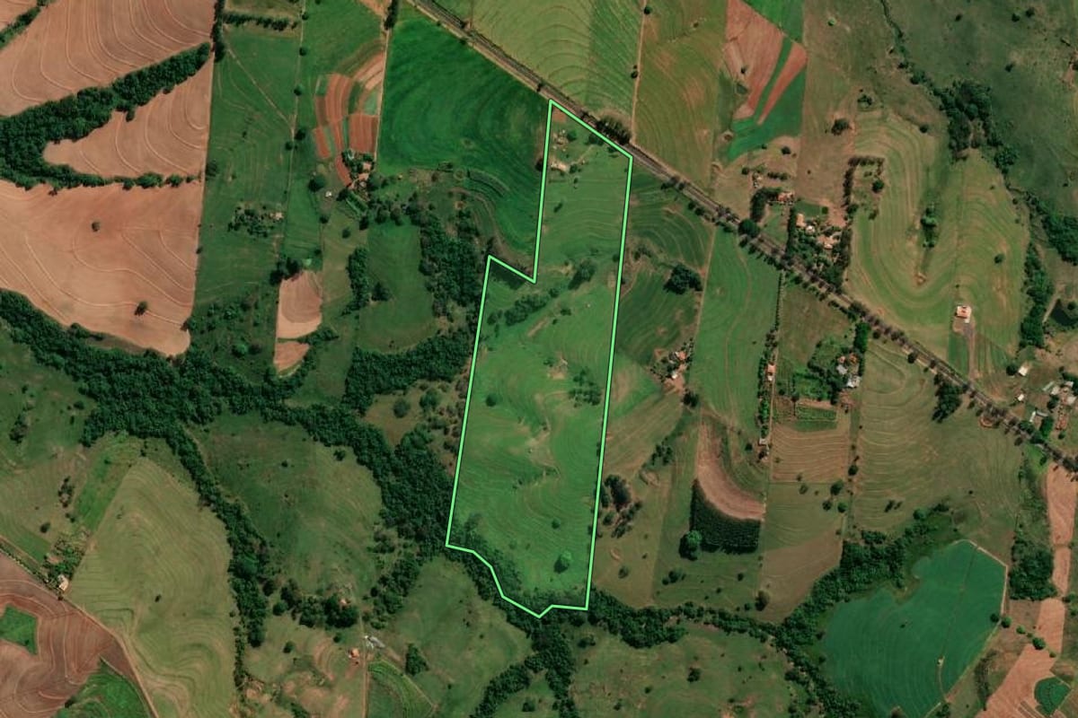 Imagem de satélite do imóvel rural em Regente Feijó (SP), com o contorno declarado no CAR desenhado por cima.