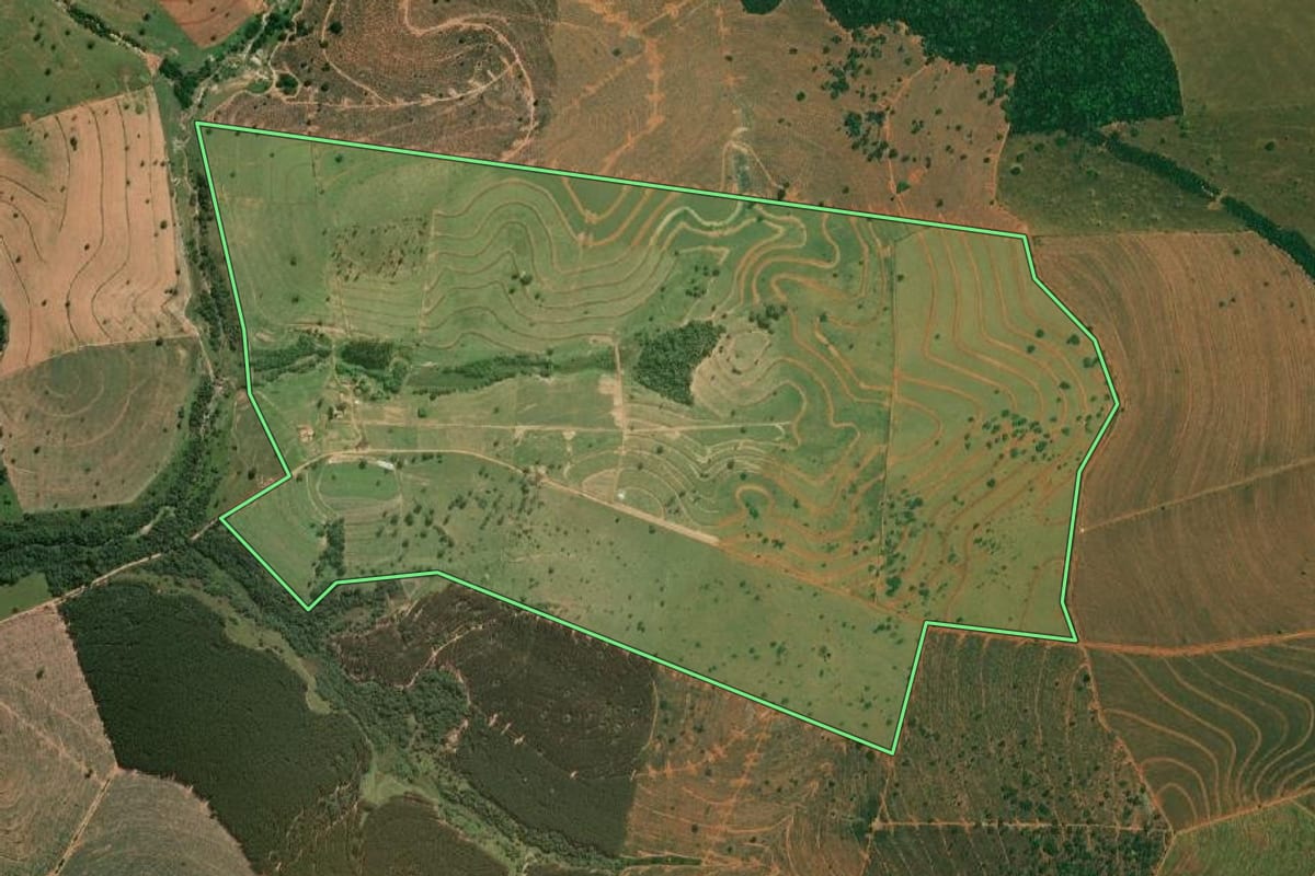 Imagem de satélite do imóvel rural em Reginópolis (SP), com o contorno declarado no CAR desenhado por cima.