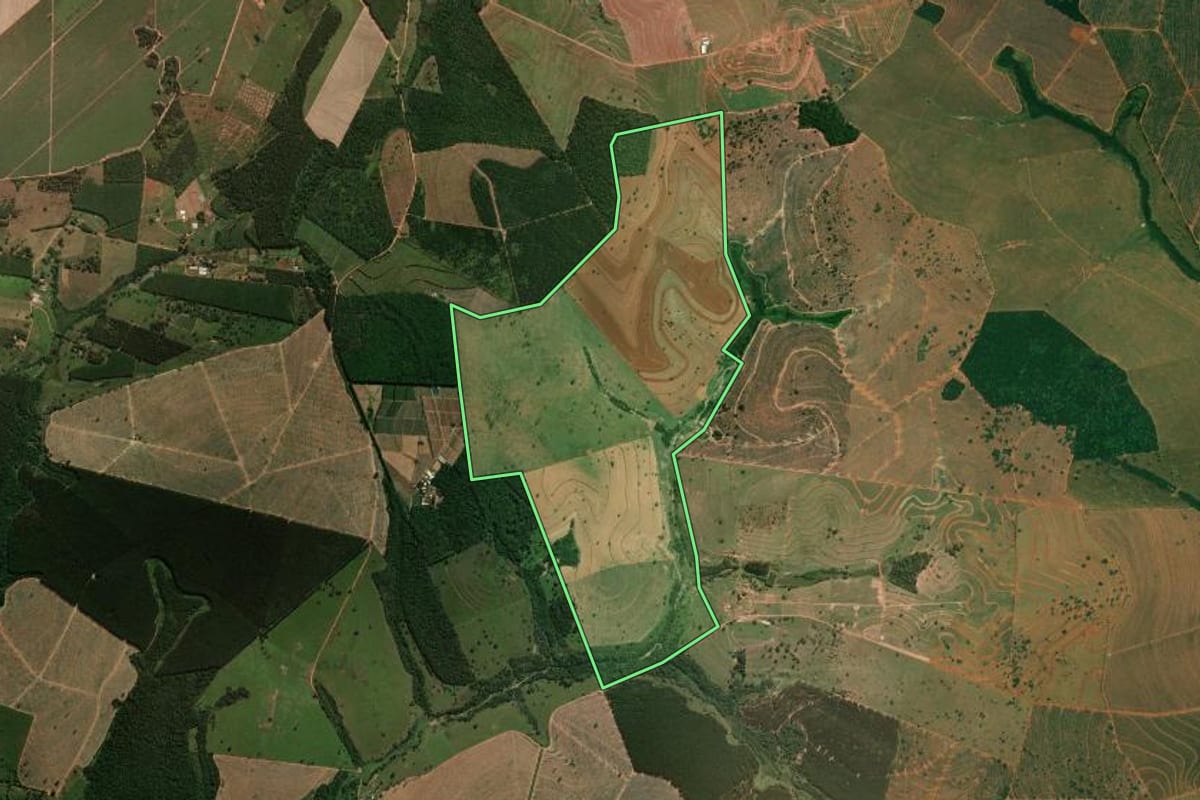 Imagem de satélite do imóvel rural em Reginópolis (SP), com o contorno declarado no CAR desenhado por cima.