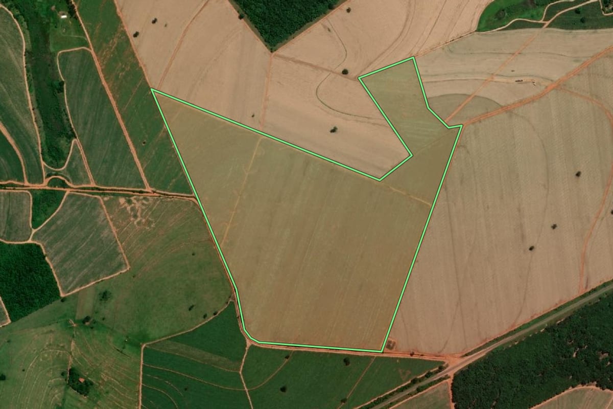 Imagem de satélite do imóvel rural em Reginópolis (SP), com o contorno declarado no CAR desenhado por cima.