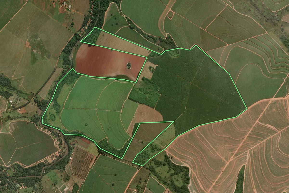 Imagem de satélite do imóvel rural em Reginópolis (SP), com o contorno declarado no CAR desenhado por cima.