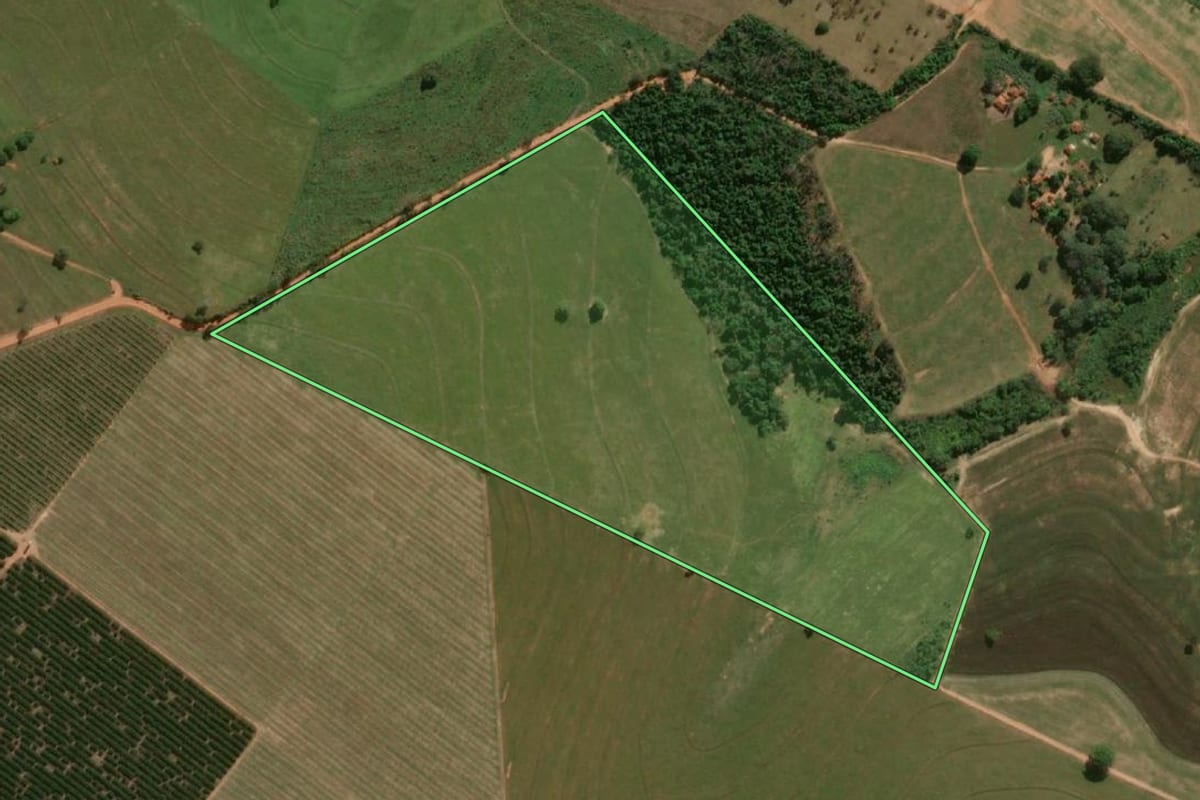 Imagem de satélite do imóvel rural em Reginópolis (SP), com o contorno declarado no CAR desenhado por cima.