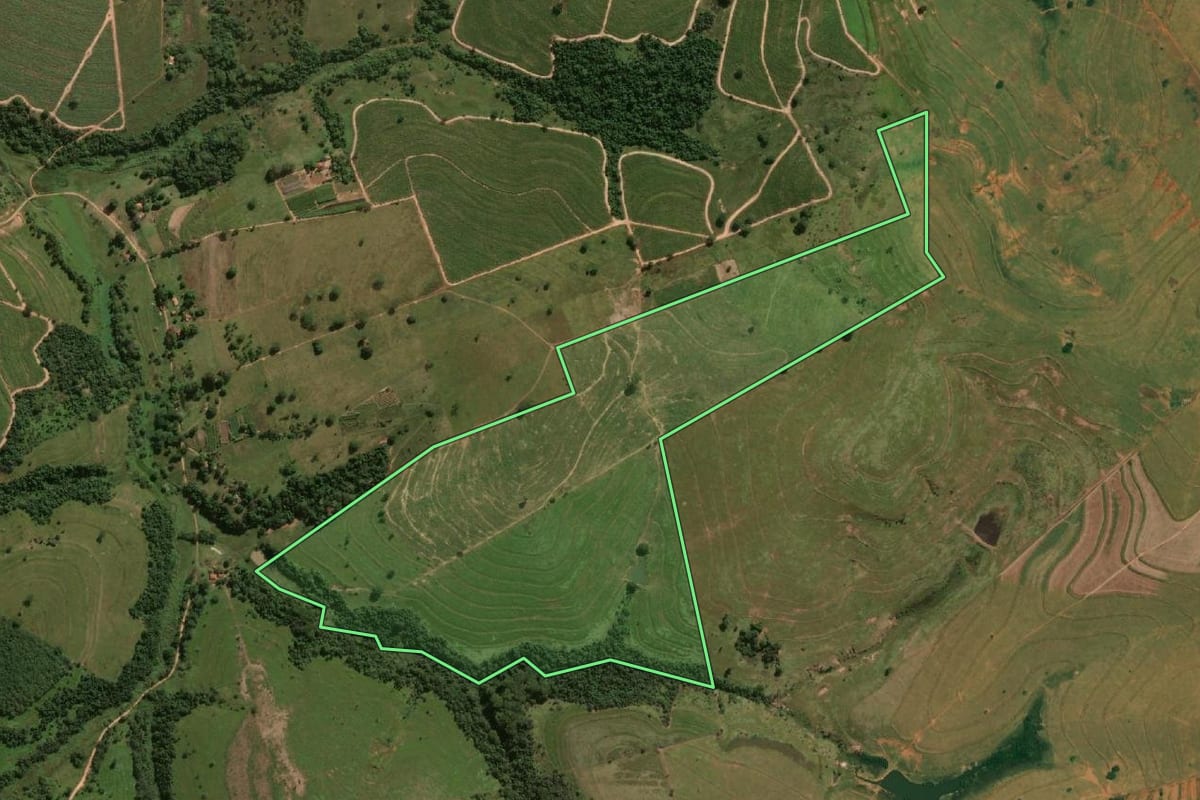 Imagem de satélite do imóvel rural em Reginópolis (SP), com o contorno declarado no CAR desenhado por cima.