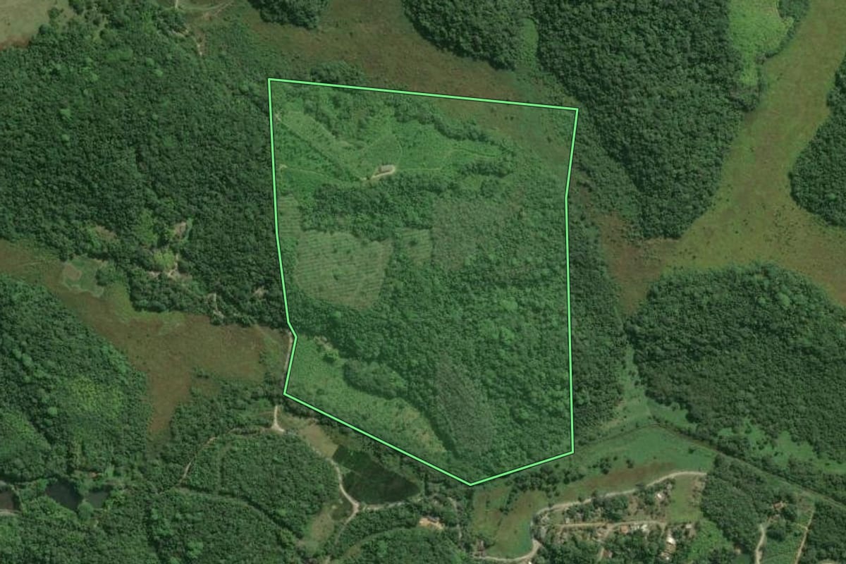 Imagem de satélite do imóvel rural em Registro (SP), com o contorno declarado no CAR desenhado por cima.
