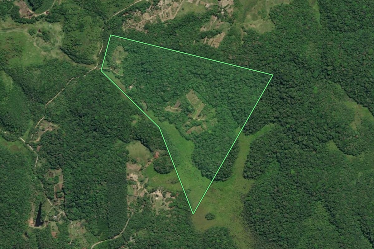 Imagem de satélite do imóvel rural em Registro (SP), com o contorno declarado no CAR desenhado por cima.