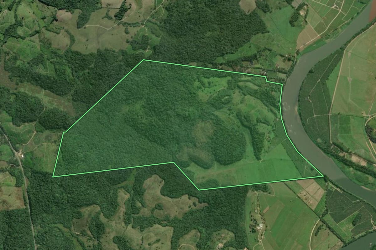 Imagem de satélite do imóvel rural em Registro (SP), com o contorno declarado no CAR desenhado por cima.
