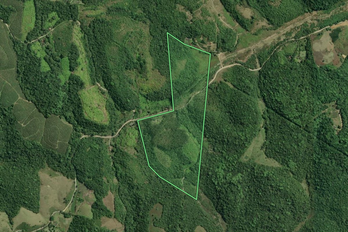 Imagem de satélite do imóvel rural em Registro (SP), com o contorno declarado no CAR desenhado por cima.