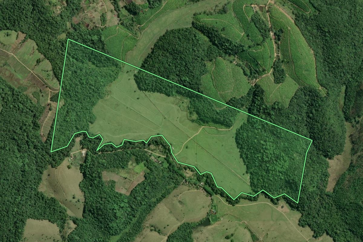 Imagem de satélite do imóvel rural em Registro (SP), com o contorno declarado no CAR desenhado por cima.