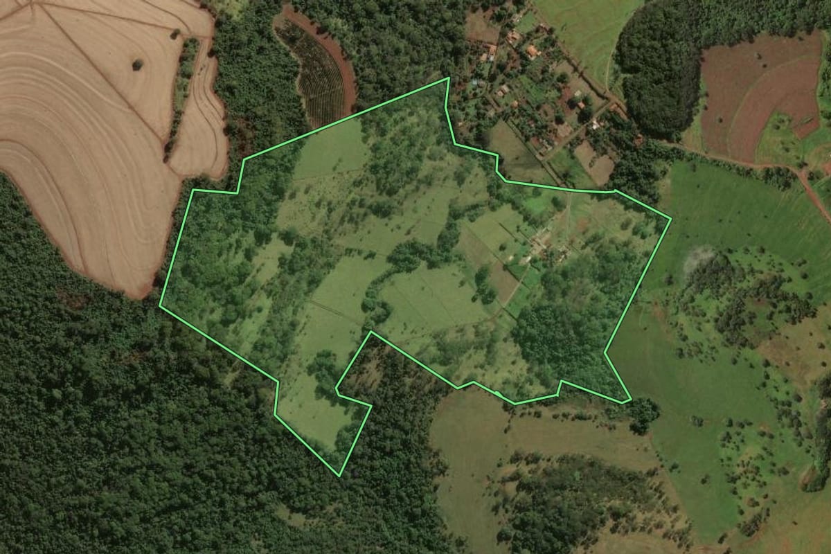 Imagem de satélite do imóvel rural em Restinga (SP), com o contorno declarado no CAR desenhado por cima.