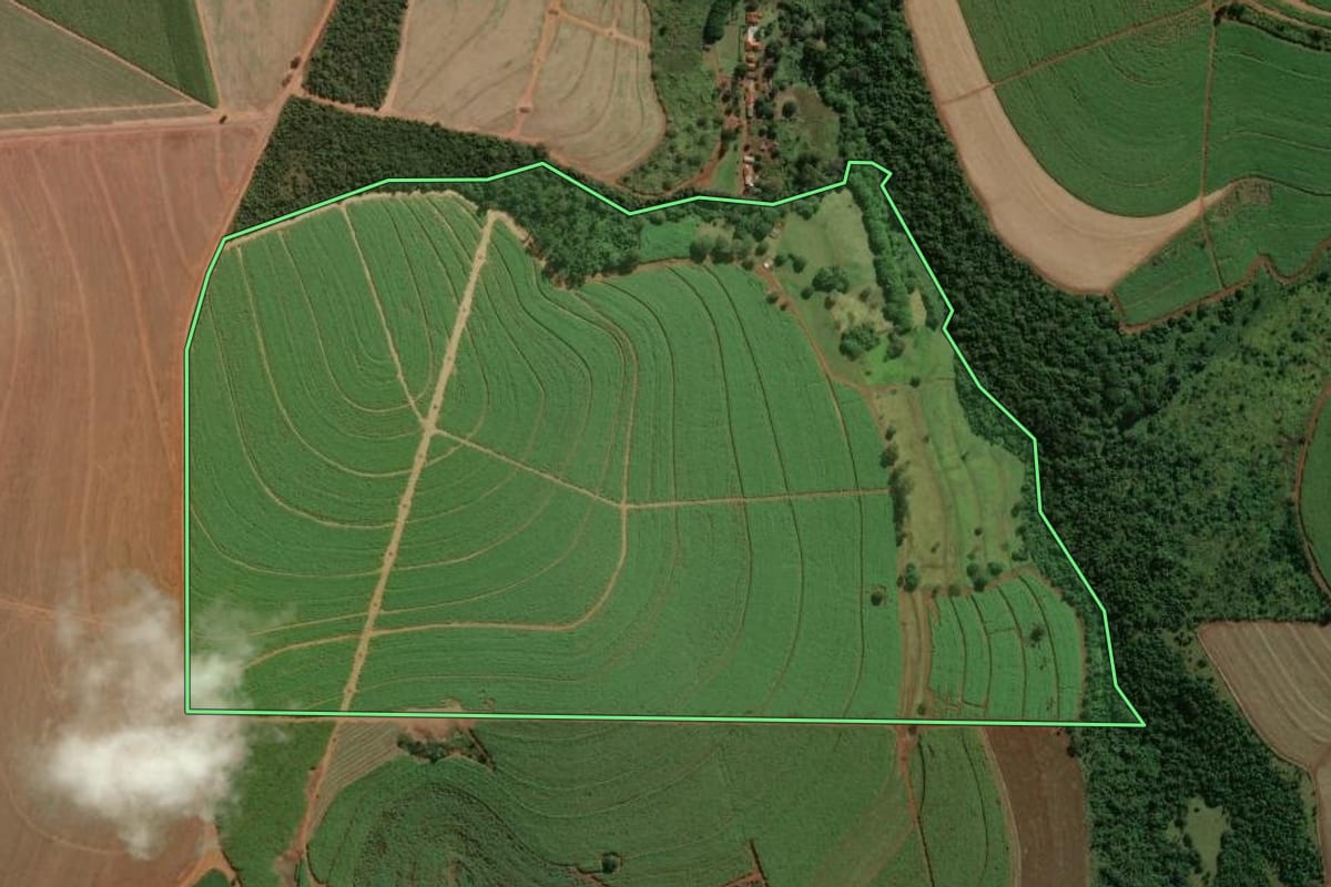 Imagem de satélite do imóvel rural em Restinga (SP), com o contorno declarado no CAR desenhado por cima.