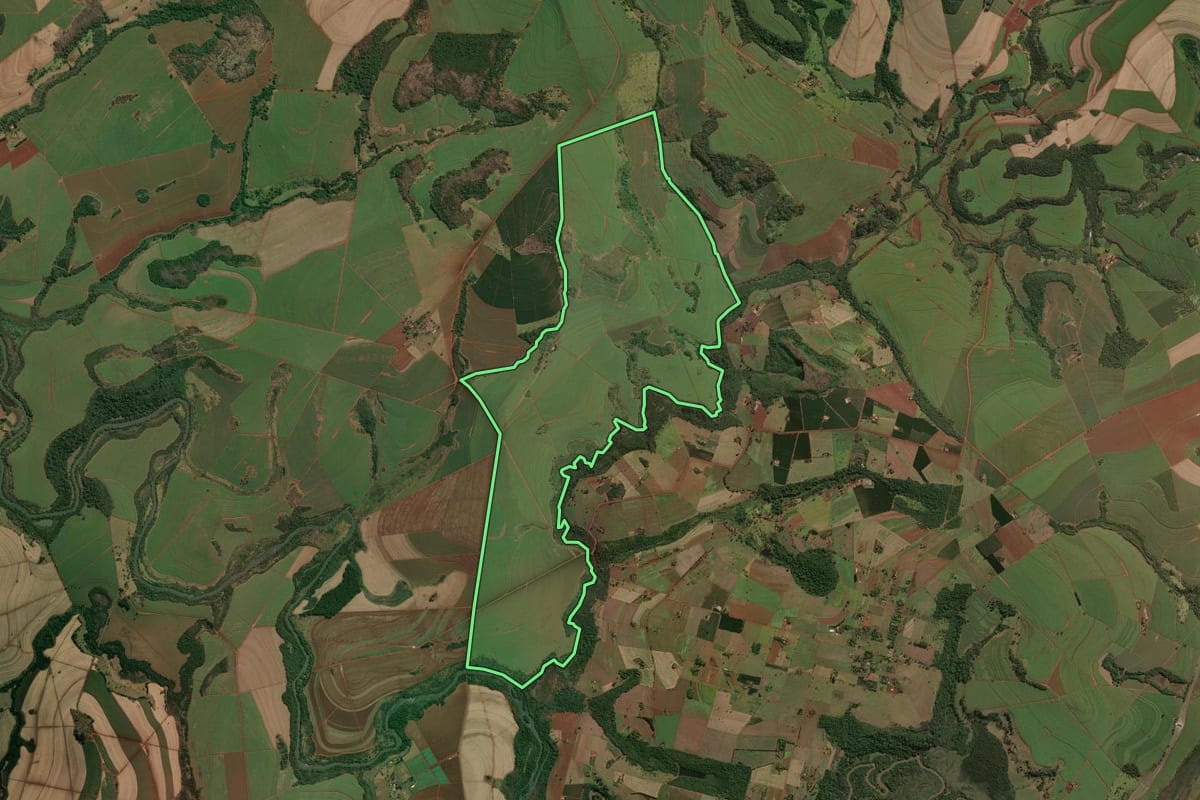 Imagem de satélite do imóvel rural em Restinga (SP), com o contorno declarado no CAR desenhado por cima.
