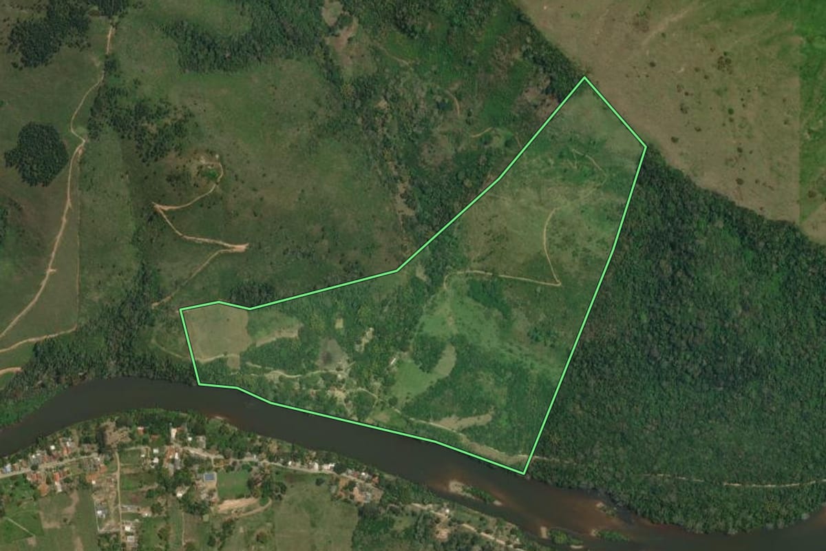 Imagem de satélite do imóvel rural em Ribeira (SP), com o contorno declarado no CAR desenhado por cima.