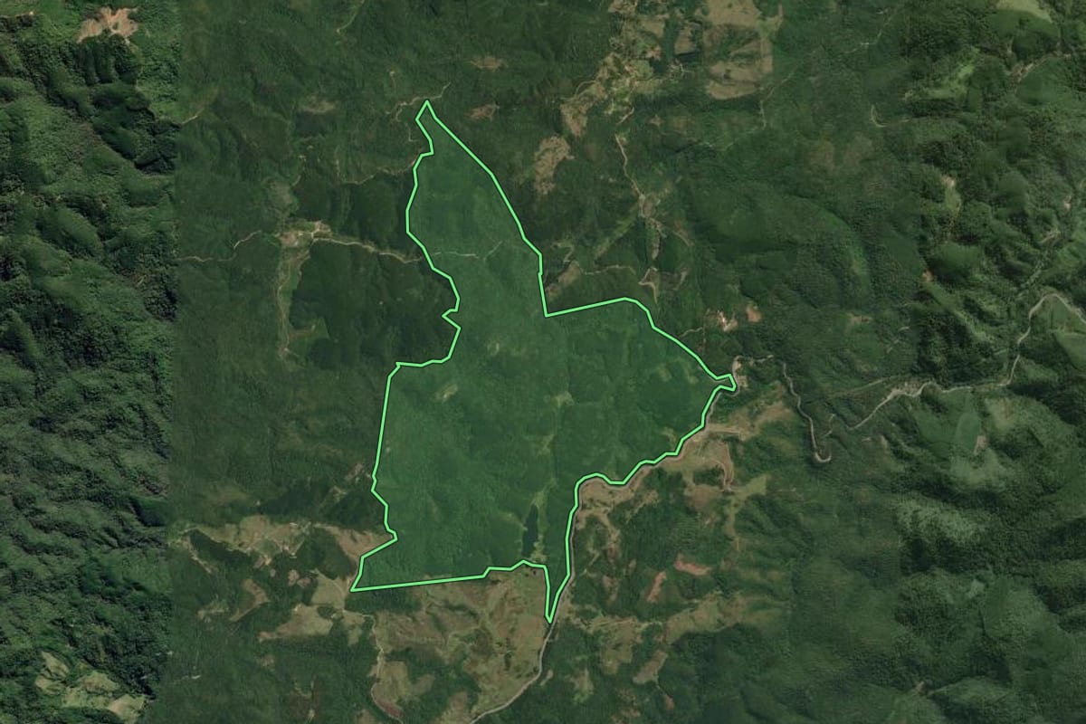 Imagem de satélite do imóvel rural em Ribeira (SP), com o contorno declarado no CAR desenhado por cima.