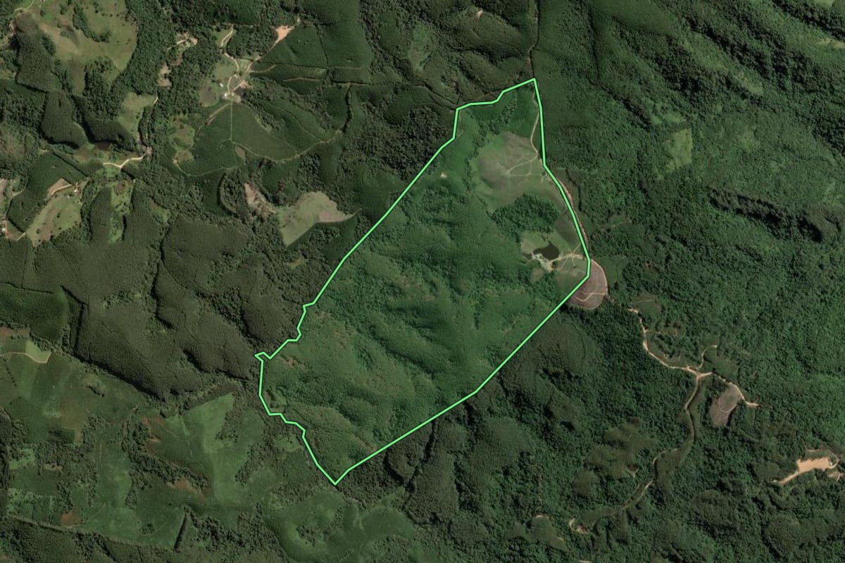 Imagem de satélite do imóvel rural em Ribeira (SP), com o contorno declarado no CAR desenhado por cima.
