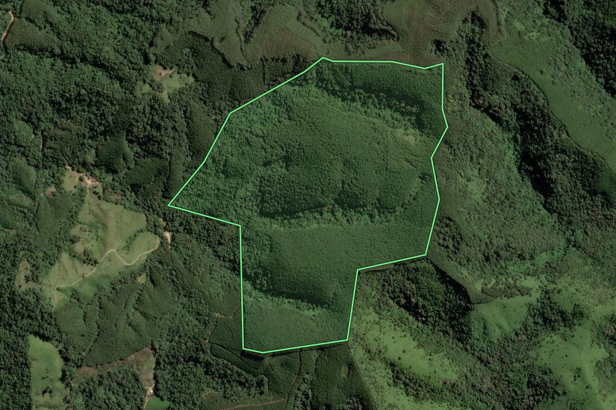 Imagem de satélite do imóvel rural em Ribeira (SP), com o contorno declarado no CAR desenhado por cima.