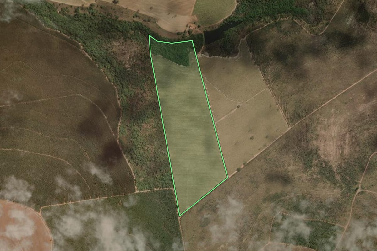 Imagem de satélite do imóvel rural em Ribeirão Bonito (SP), com o contorno declarado no CAR desenhado por cima.