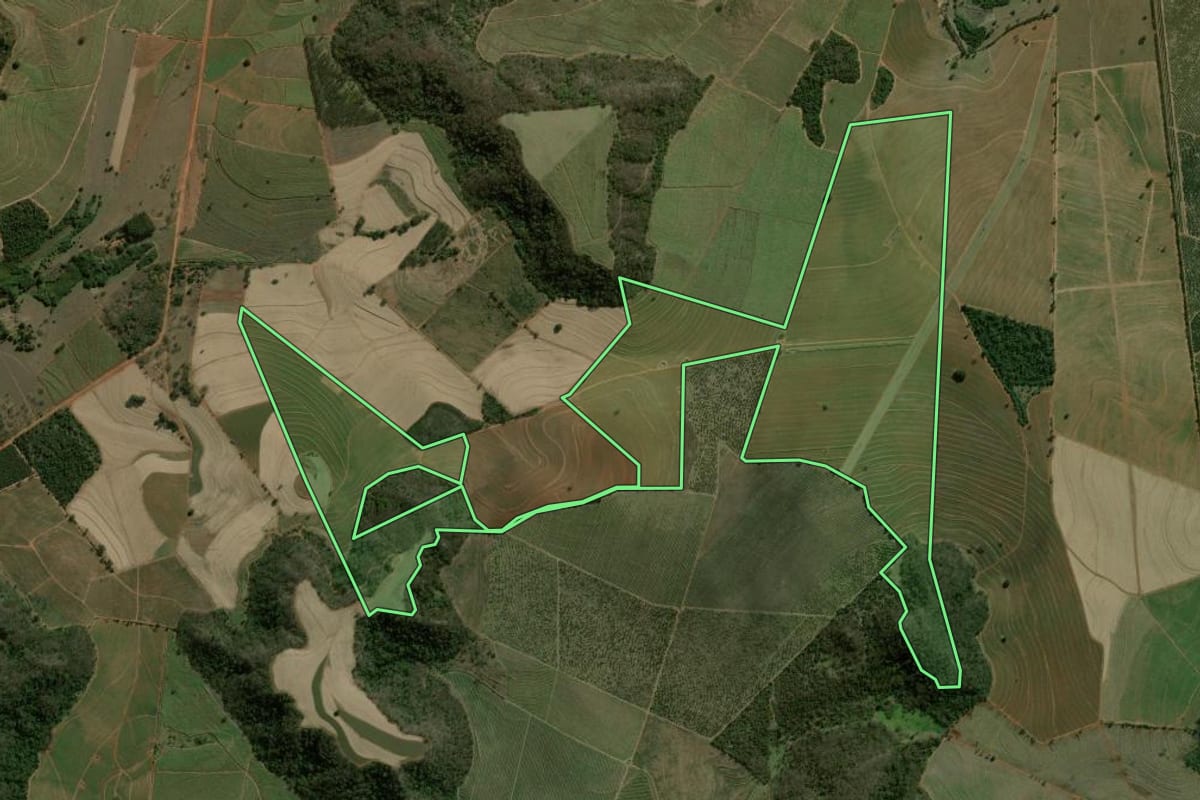 Imagem de satélite do imóvel rural em Ribeirão Bonito (SP), com o contorno declarado no CAR desenhado por cima.