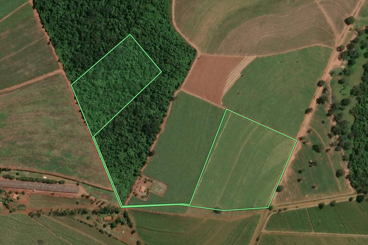 Imagem de satélite do imóvel rural em Ribeirão Bonito (SP), com o contorno declarado no CAR desenhado por cima.
