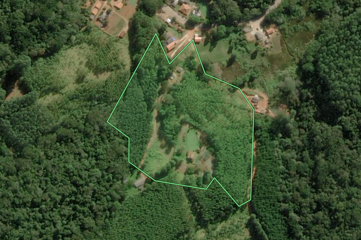 Imagem de satélite do imóvel rural em Ribeirão Branco (SP), com o contorno declarado no CAR desenhado por cima.