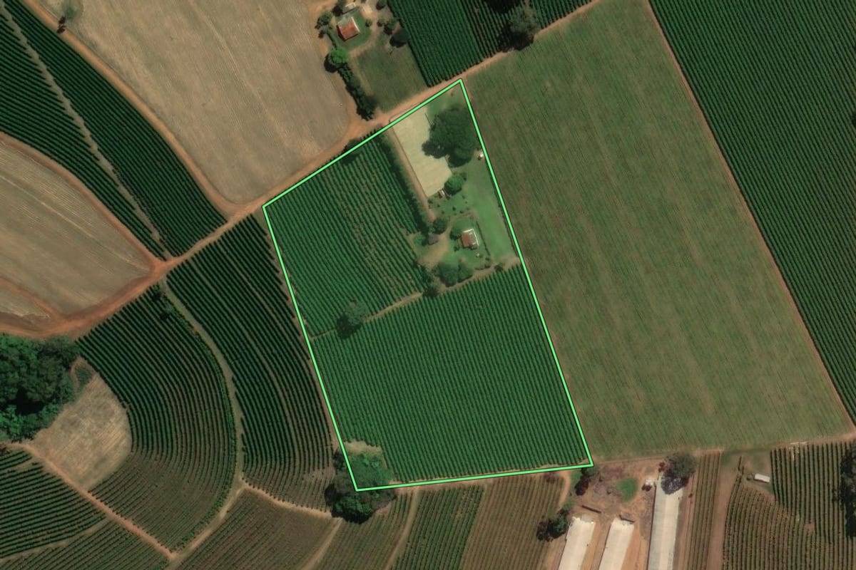 Imagem de satélite do imóvel rural em Ribeirão Corrente (SP), com o contorno declarado no CAR desenhado por cima.