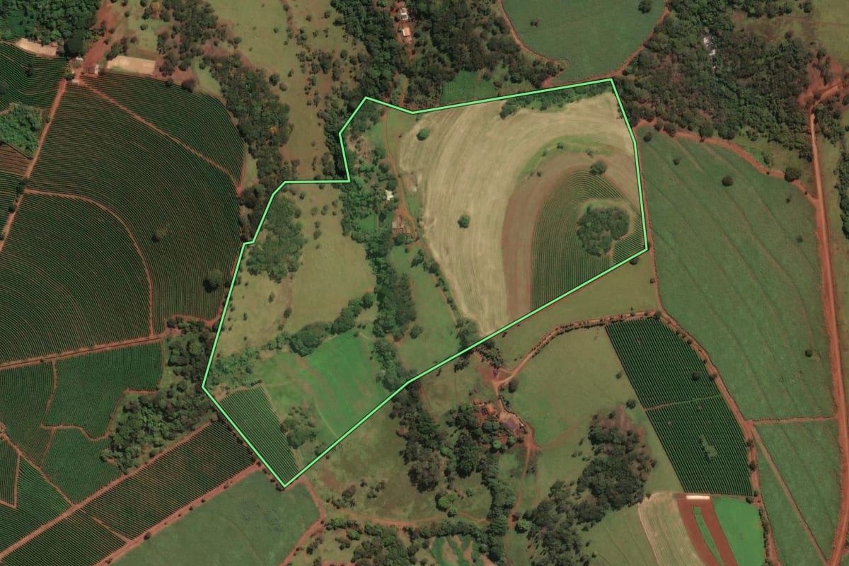 Imagem de satélite do imóvel rural em Ribeirão Corrente (SP), com o contorno declarado no CAR desenhado por cima.