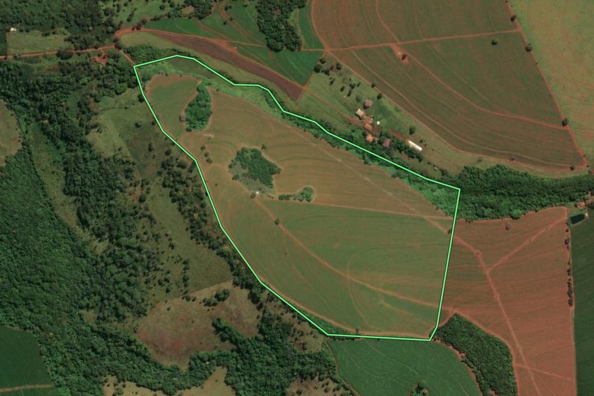 Imagem de satélite do imóvel rural em Ribeirão Corrente (SP), com o contorno declarado no CAR desenhado por cima.