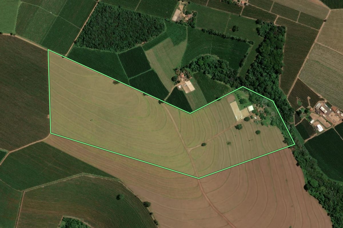 Imagem de satélite do imóvel rural em Ribeirão Corrente (SP), com o contorno declarado no CAR desenhado por cima.