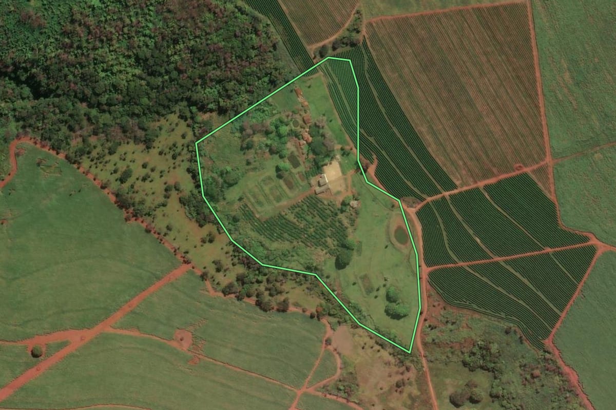 Imagem de satélite do imóvel rural em Ribeirão Corrente (SP), com o contorno declarado no CAR desenhado por cima.