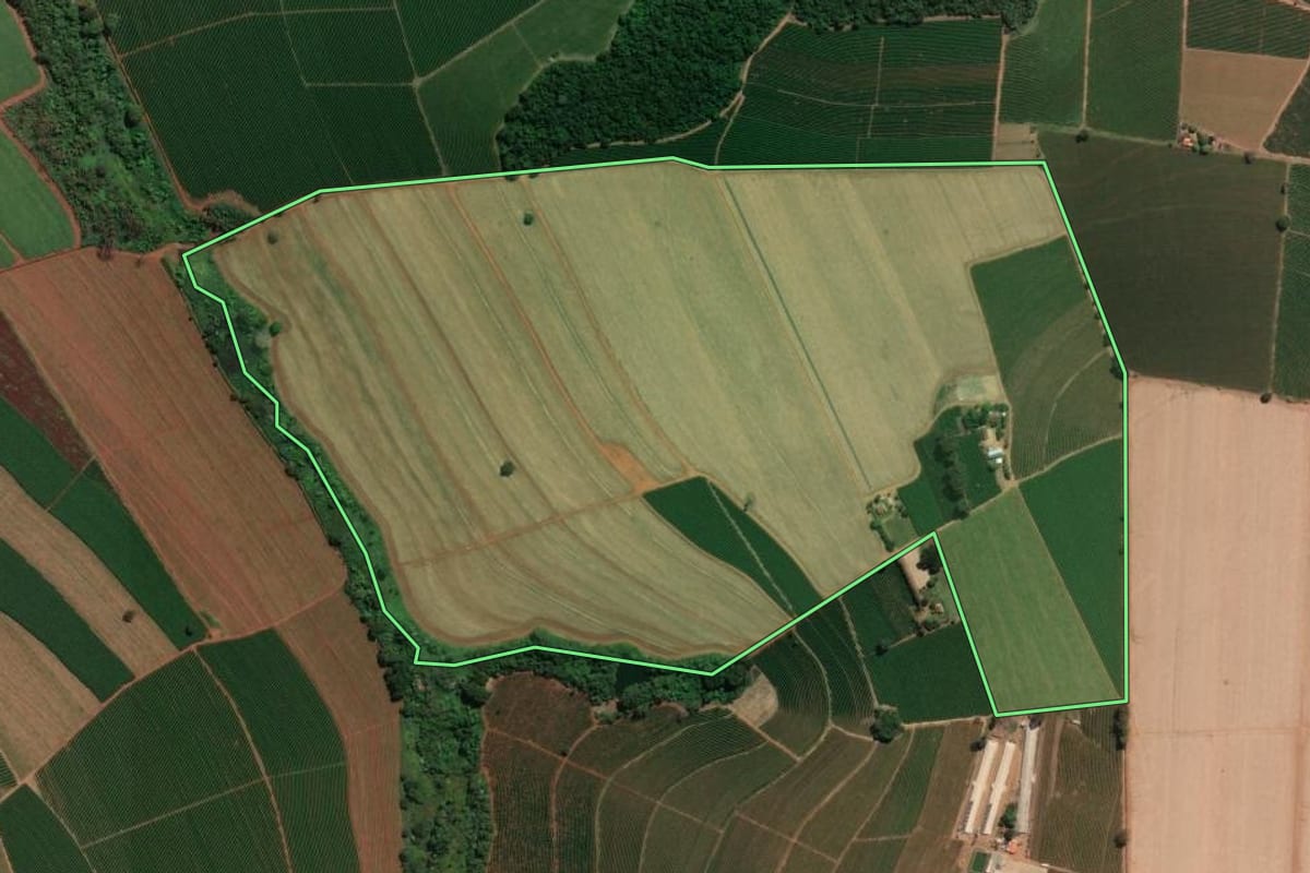 Imagem de satélite do imóvel rural em Ribeirão Corrente (SP), com o contorno declarado no CAR desenhado por cima.