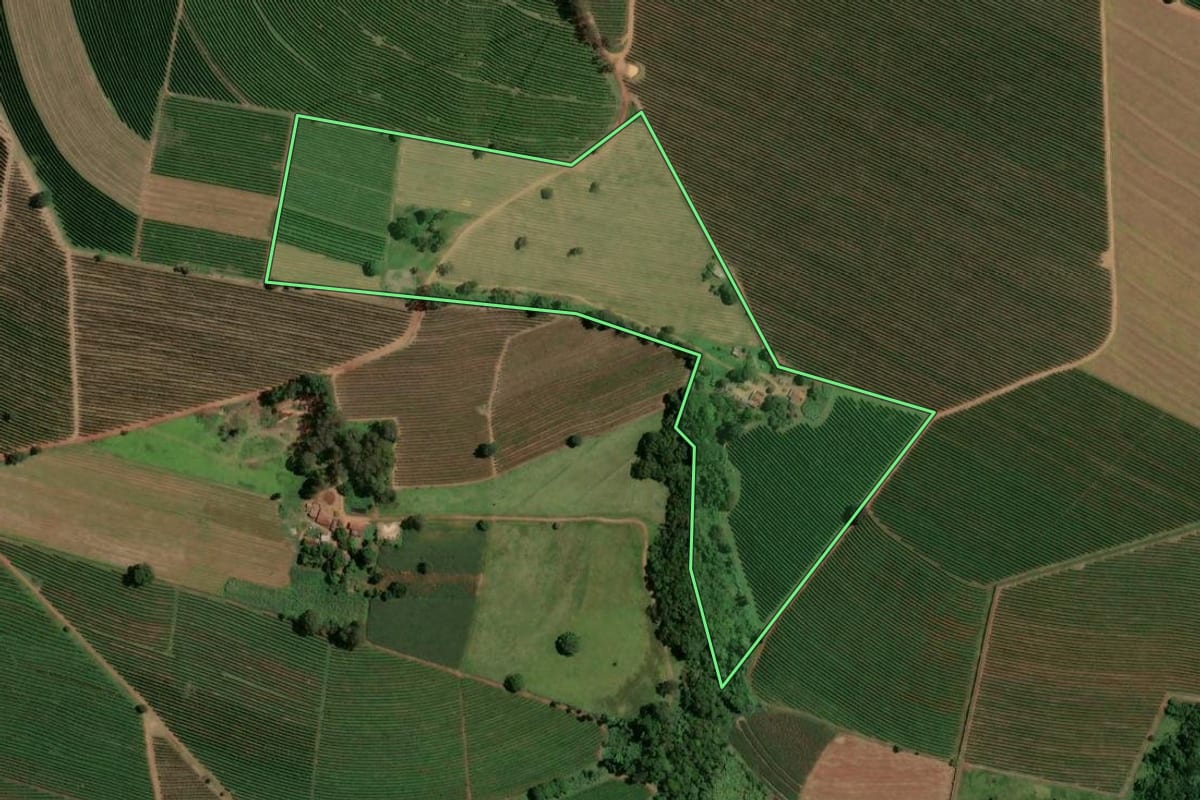 Imagem de satélite do imóvel rural em Ribeirão Corrente (SP), com o contorno declarado no CAR desenhado por cima.