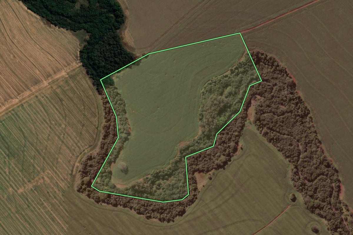 Imagem de satélite do imóvel rural em Ribeirão do Sul (SP), com o contorno declarado no CAR desenhado por cima.