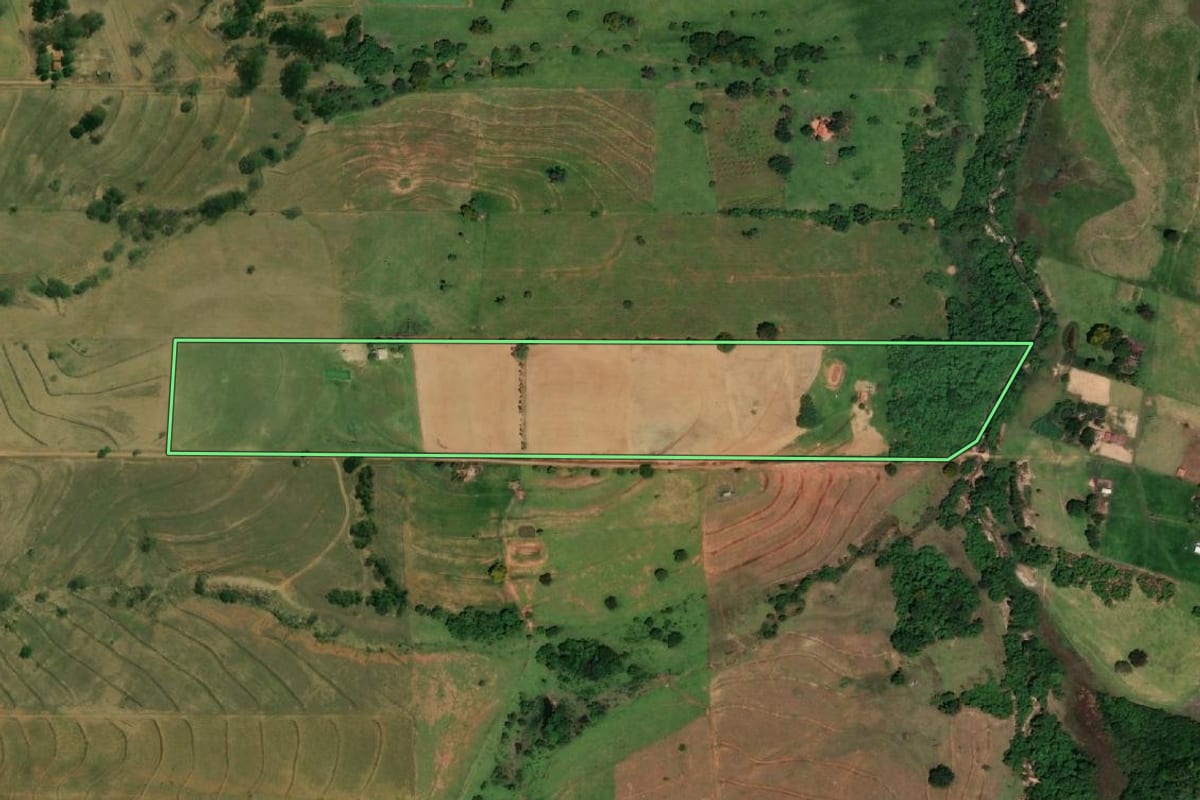 Imagem de satélite do imóvel rural em Ribeirão dos Índios (SP), com o contorno declarado no CAR desenhado por cima.