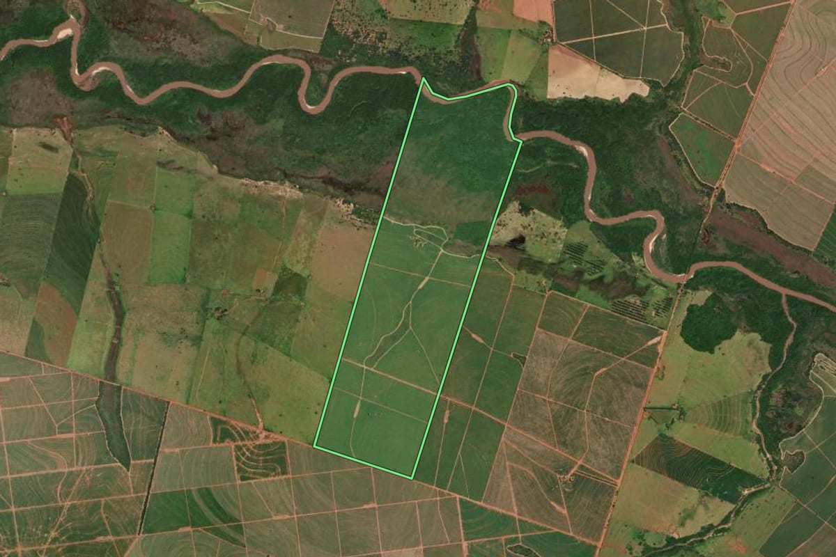Imagem de satélite do imóvel rural em Ribeirão dos Índios (SP), com o contorno declarado no CAR desenhado por cima.
