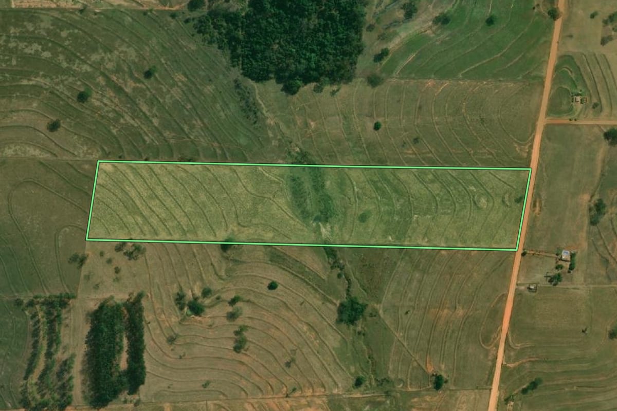 Imagem de satélite do imóvel rural em Ribeirão dos Índios (SP), com o contorno declarado no CAR desenhado por cima.