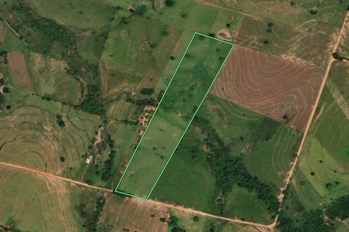 Imagem de satélite do imóvel rural em Ribeirão dos Índios (SP), com o contorno declarado no CAR desenhado por cima.