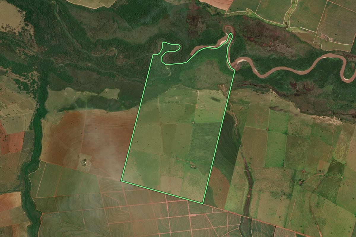 Imagem de satélite do imóvel rural em Ribeirão dos Índios (SP), com o contorno declarado no CAR desenhado por cima.