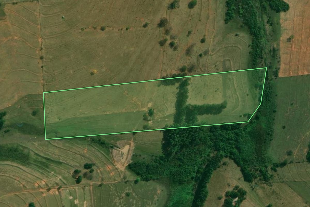 Imagem de satélite do imóvel rural em Ribeirão dos Índios (SP), com o contorno declarado no CAR desenhado por cima.