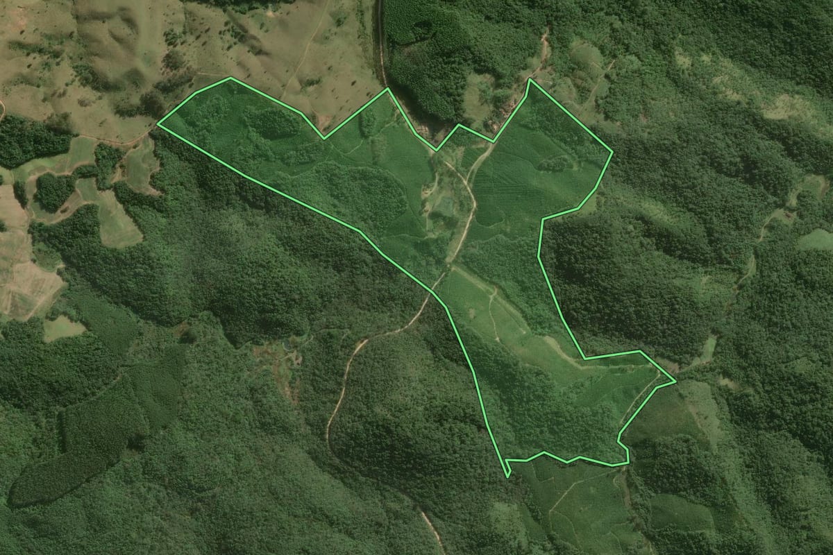 Imagem de satélite do imóvel rural em Ribeirão Grande (SP), com o contorno declarado no CAR desenhado por cima.