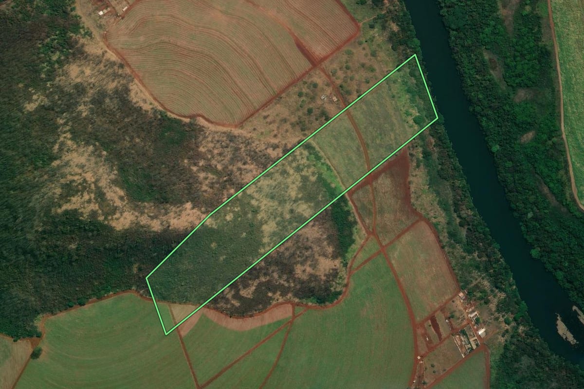 Imagem de satélite do imóvel rural em Ribeirão Preto (SP), com o contorno declarado no CAR desenhado por cima.