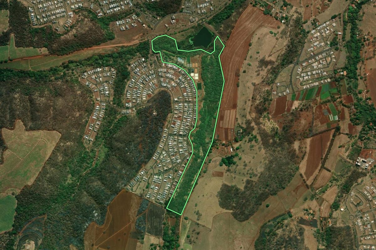 Imagem de satélite do imóvel rural em Ribeirão Preto (SP), com o contorno declarado no CAR desenhado por cima.