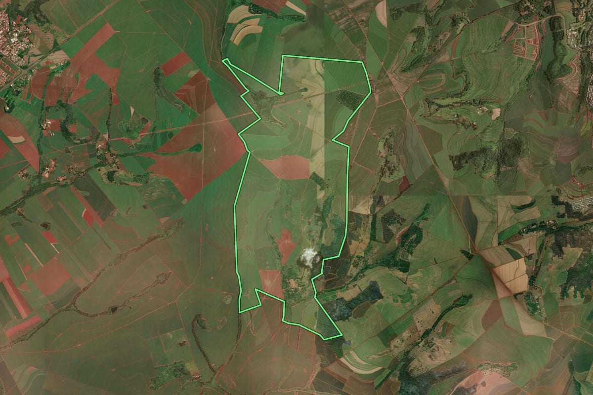 Imagem de satélite do imóvel rural em Ribeirão Preto (SP), com o contorno declarado no CAR desenhado por cima.