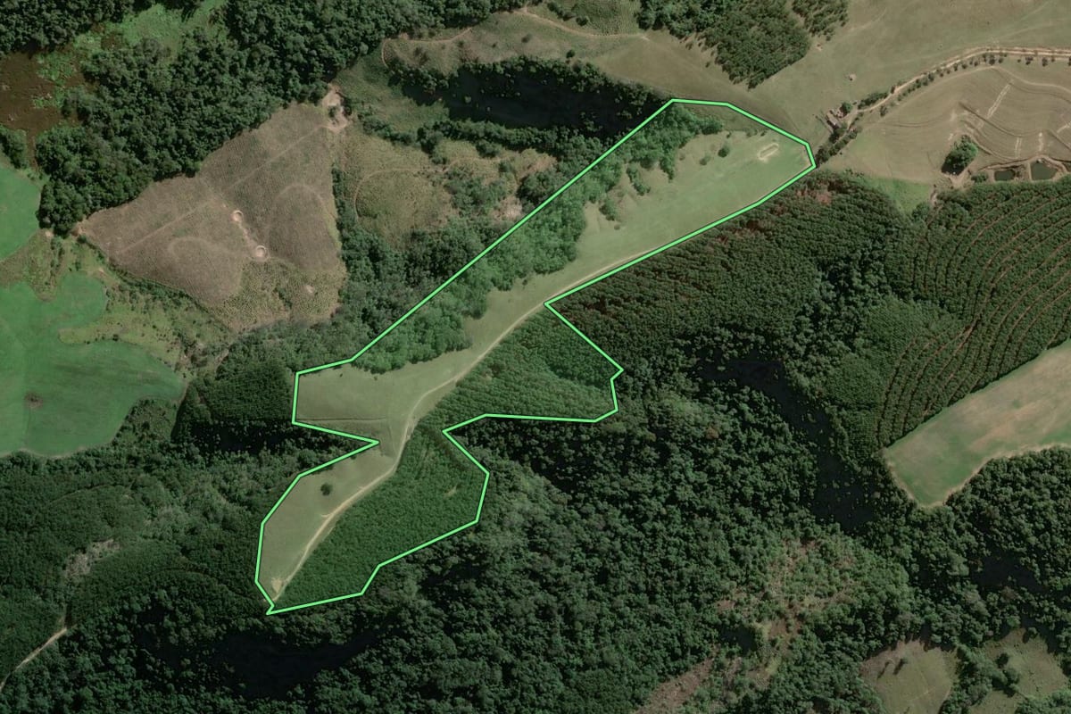 Imagem de satélite do imóvel rural em Riversul (SP), com o contorno declarado no CAR desenhado por cima.