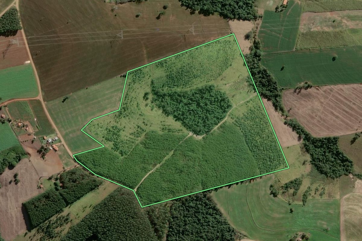 Imagem de satélite do imóvel rural em Riversul (SP), com o contorno declarado no CAR desenhado por cima.