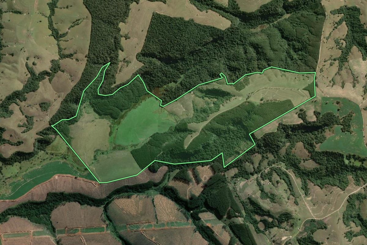 Imagem de satélite do imóvel rural em Riversul (SP), com o contorno declarado no CAR desenhado por cima.